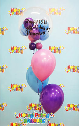 Picture of Personalized Birthday Balloon Bouquet with Clear stuffed Topper (4pc)