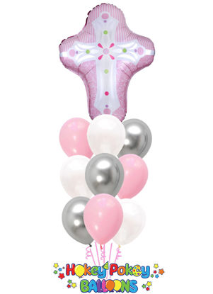 Picture of God Bless You with Pink Cross Balloon Bouquet of 10