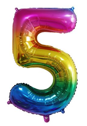 Picture of 34'' Bright Rainbow  Foil Number 5 (helium filled) with base and balloons along the ribbon 
